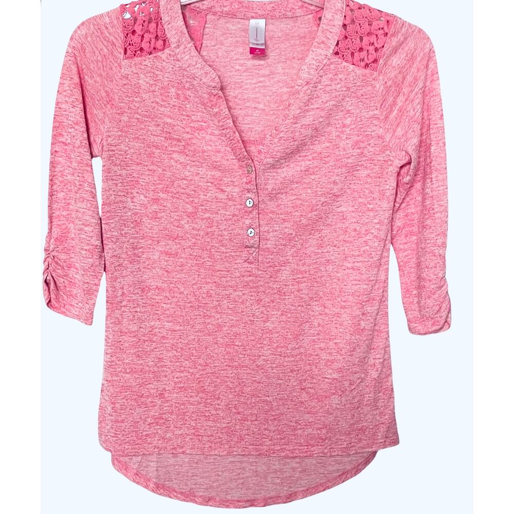 NO BO LONG SLV, PULL-OVER, V-NECK TOP, JUNIORS, M (7/9)-PINK, LACE ON SHOULDERS